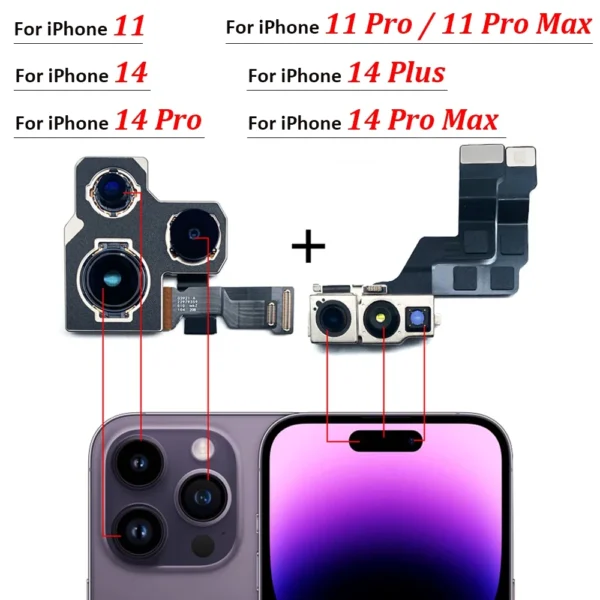 Rear Camera Module Flex + Front Facing Camera Replacement for Iphone 11 14 Pro Max14 Plus