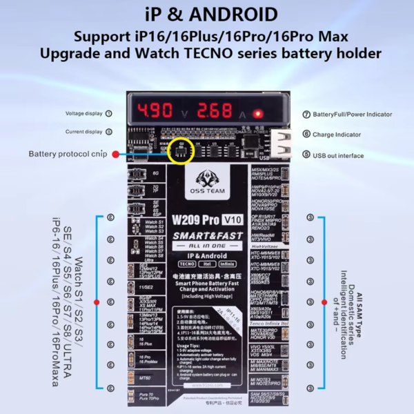 W209 Pro V10 Battery Activation Board for Iphone 6-X 11 12 13 14 15 16 Samsung Xiaomi Android Circuit Board Fast Charging Tester - Image 7