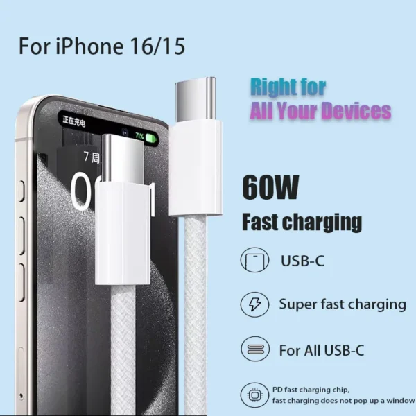 Original 60W USB-C Fast Data Cable for Iphone 16 15 Pro Max plus Samsung Xiaomi Huawei Phone Type C