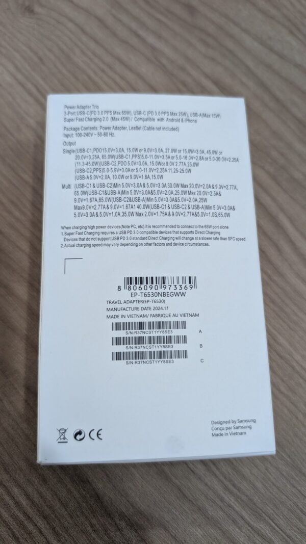 Samsung 65W PD Power Adapter Trio ? Fast Charger with 2 USB-C & 1 USB-A Ports