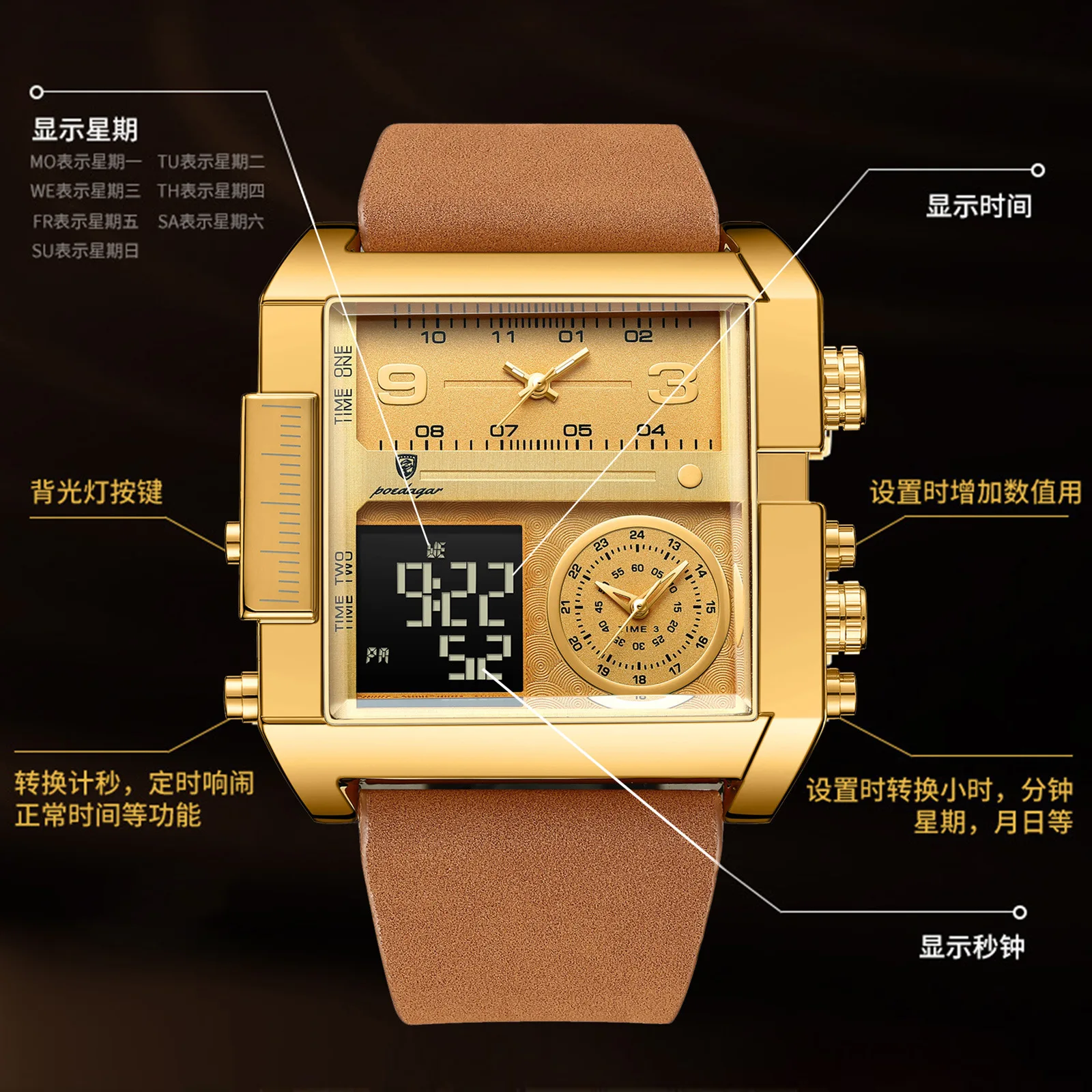 POEDAGAR Man Wristwatch Digital Multifunction Luxury Quartz Men