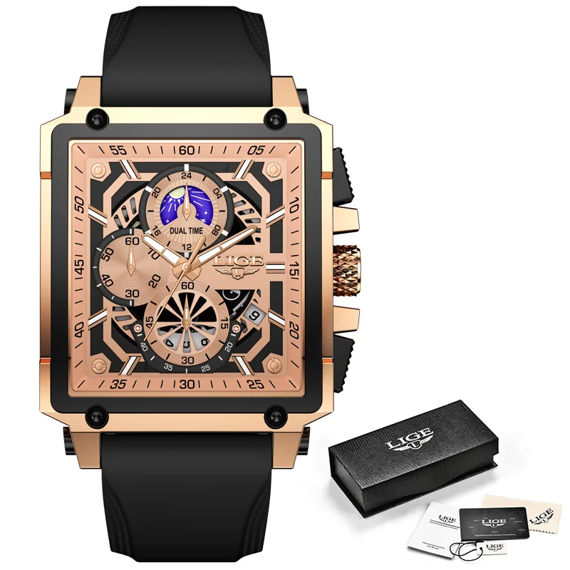 LIGE  Mens Watches Hollow Square Sport Watch Silicone Strap Waterproof - Image 11