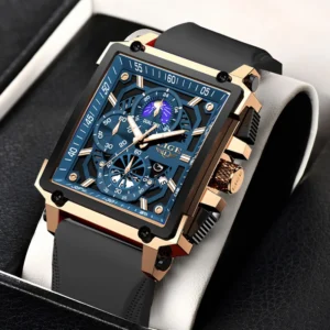LIGE  Mens Watches Hollow Square Sport Watch Silicone Strap Waterproof - Image 2