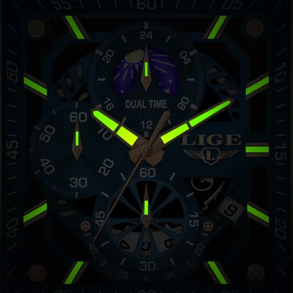 LIGE Mens Watches Hollow Square Sport Watch Silicone Strap Waterproof