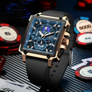LIGE  Mens Watches Hollow Square Sport Watch Silicone Strap Waterproof - Image 3