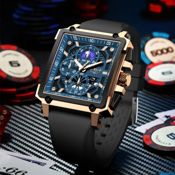 LIGE Mens Watches Hollow Square Sport Watch Silicone Strap Waterproof