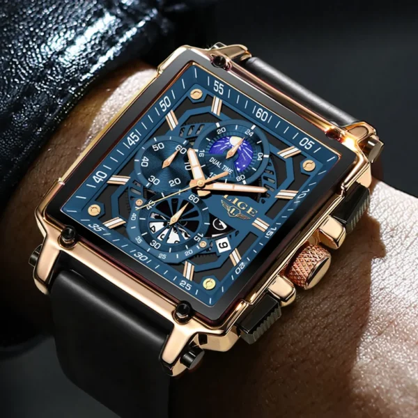 LIGE Mens Watches Hollow Square Sport Watch Silicone Strap Waterproof