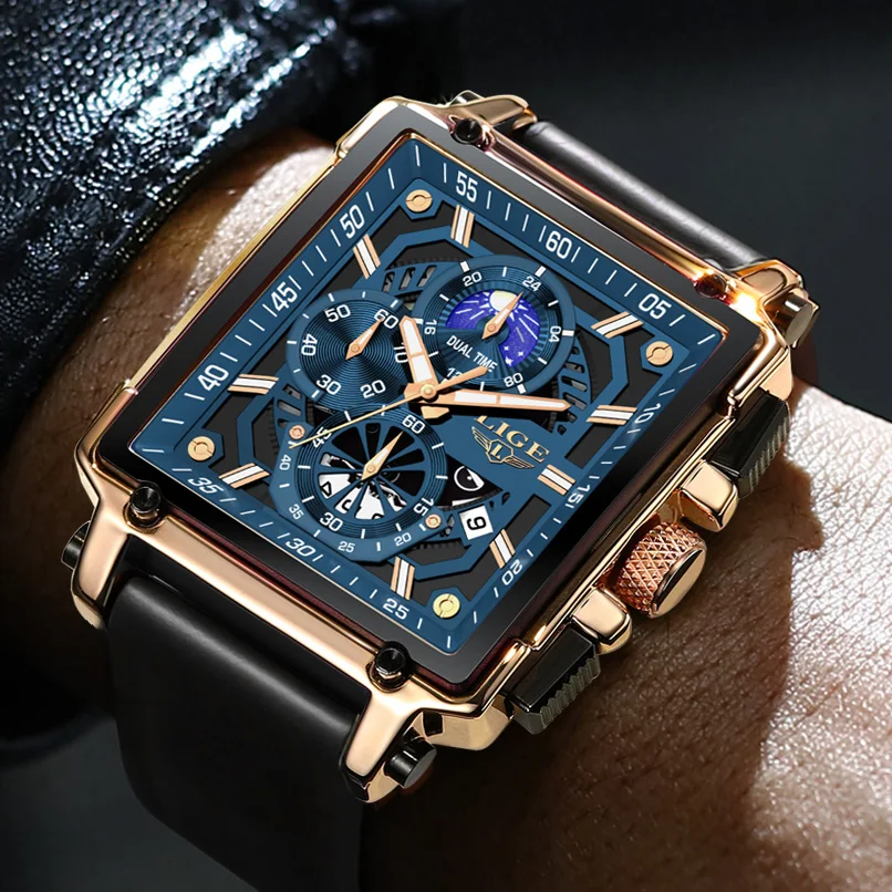 LIGE  Mens Watches Hollow Square Sport Watch Silicone Strap Waterproof - Image 4