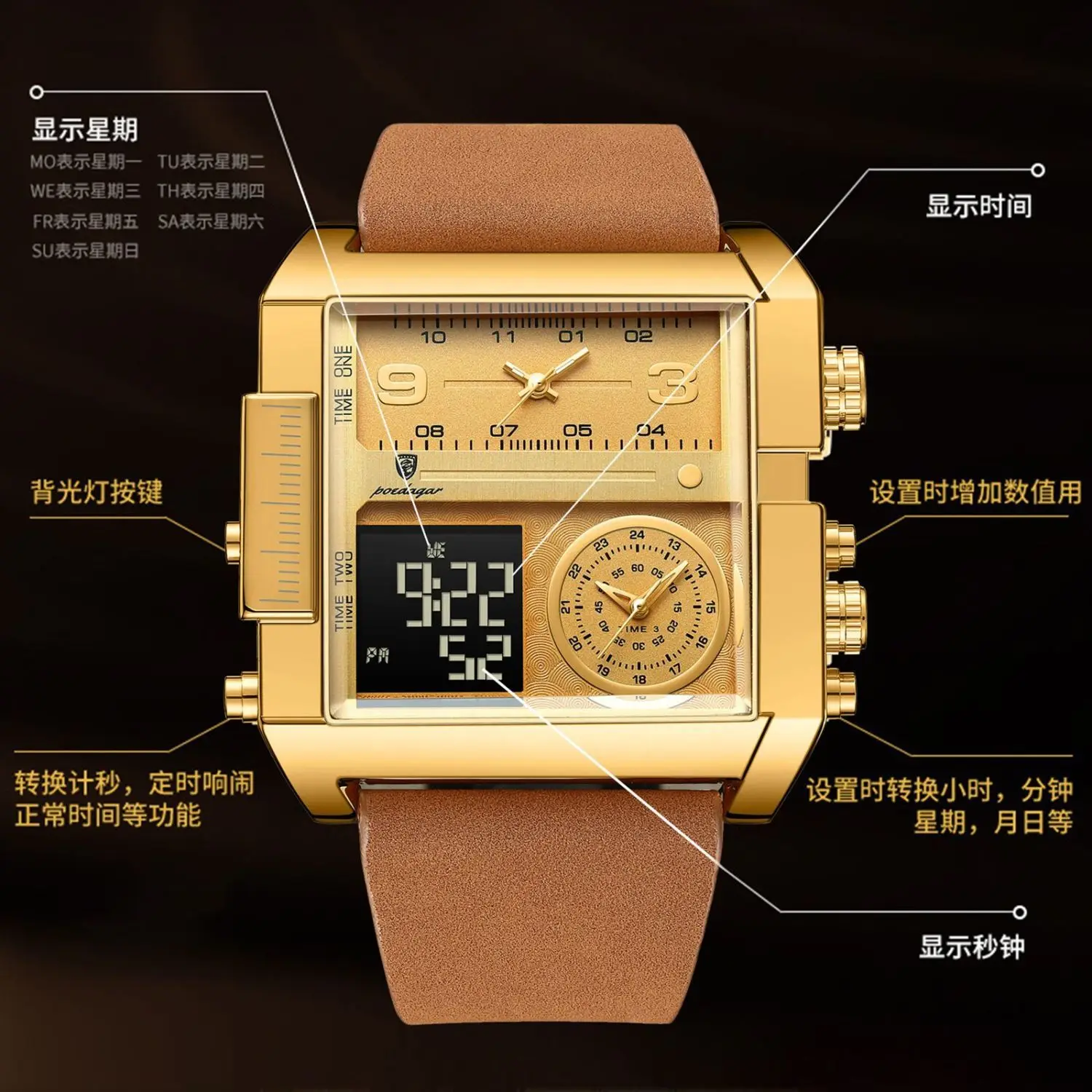 Luxury Man Wristwatch Rectangle Waterproof Luminous Day Week Men Watch Digital Multifunction Men