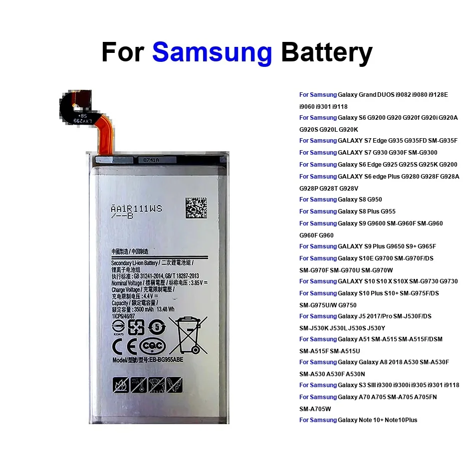 Battery for Samsung S3 S6 S7 Edge S8 S9 S10 plus S10E J5 A70 Note 10 A8 A51 Grand Duos G9350 G9082 Sm-N975Ds Sm-A515 - Image 1