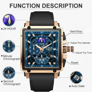 LIGE  Mens Watches Hollow Square Sport Watch Silicone Strap Waterproof - Image 6