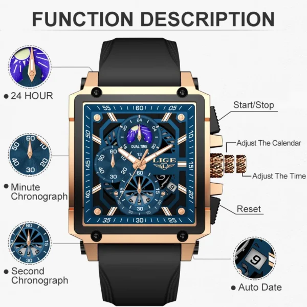 LIGE Mens Watches Hollow Square Sport Watch Silicone Strap Waterproof