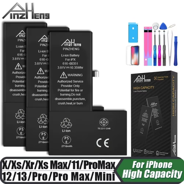 PINZHENG Battery for Iphone X XR XS 11 12 13 Mini Max Pro Promax Real High Capacity Replacement Bateria Warranty One Year