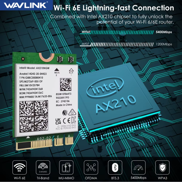 Wifi 6E Wireless Card Intel AX210 Tri-Band 5400Mbps Network Adapter Bluetooth