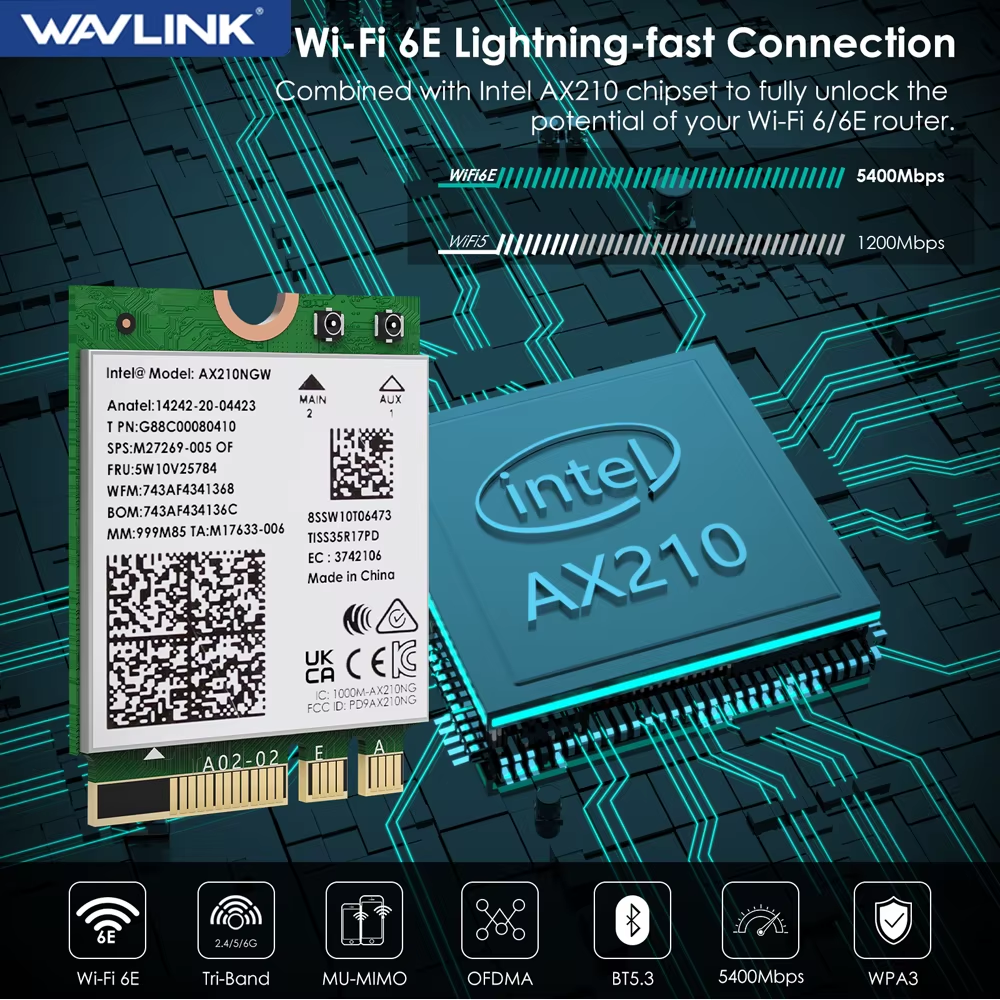 Wifi 6E Wireless Card Intel AX210 Tri-Band 5400Mbps Network Adapter Bluetooth - Image 1