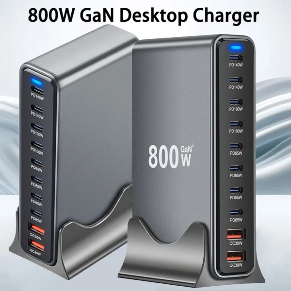 800W Gan 10 Ports Fast Charging Station Adapters USB C PD3.1 Desktop Charger