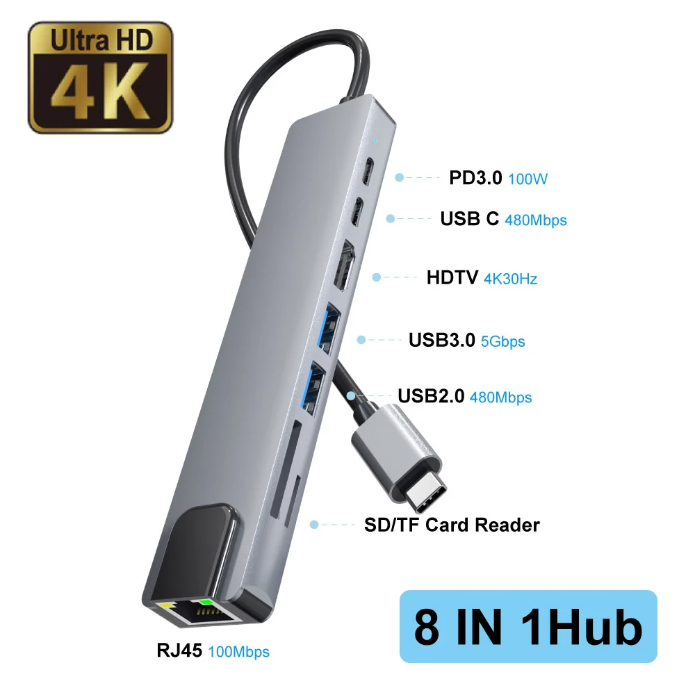 8 in 1 USB C Hub  Multi-Port Docking Station PD Ports, for Macbook Laptop - Image 1