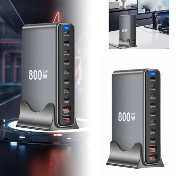 800W Gan 10 Ports Fast Charging Station Adapters USB C PD3.1 Desktop Charger
