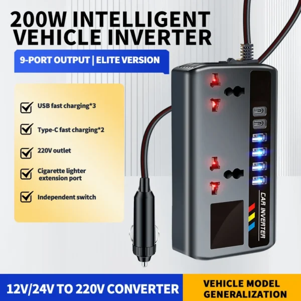 Car Adapter DC 12V/24V to AC 220V 200W Car Phone Charger Power Adapter 9 in 1