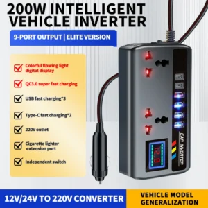 Car Adapter DC 12V/24V to AC 220V 200W Car Phone Charger Power Adapter 9 in 1 - Image 8
