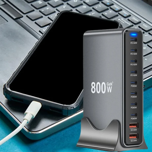 800W Gan 10 Ports Fast Charging Station Adapters USB C PD3.1 Desktop Charger