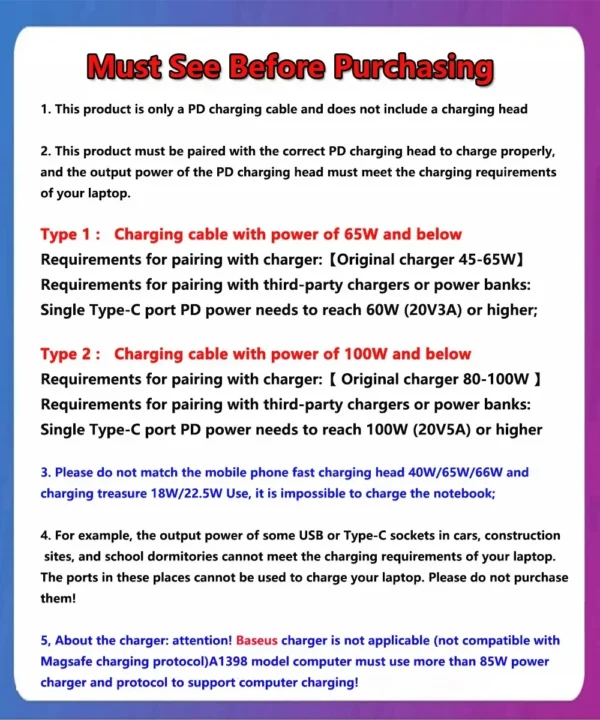 Type-C to Magsafe1 & 2 Fast Charging Cable Magnetic L / T Head for Macbook